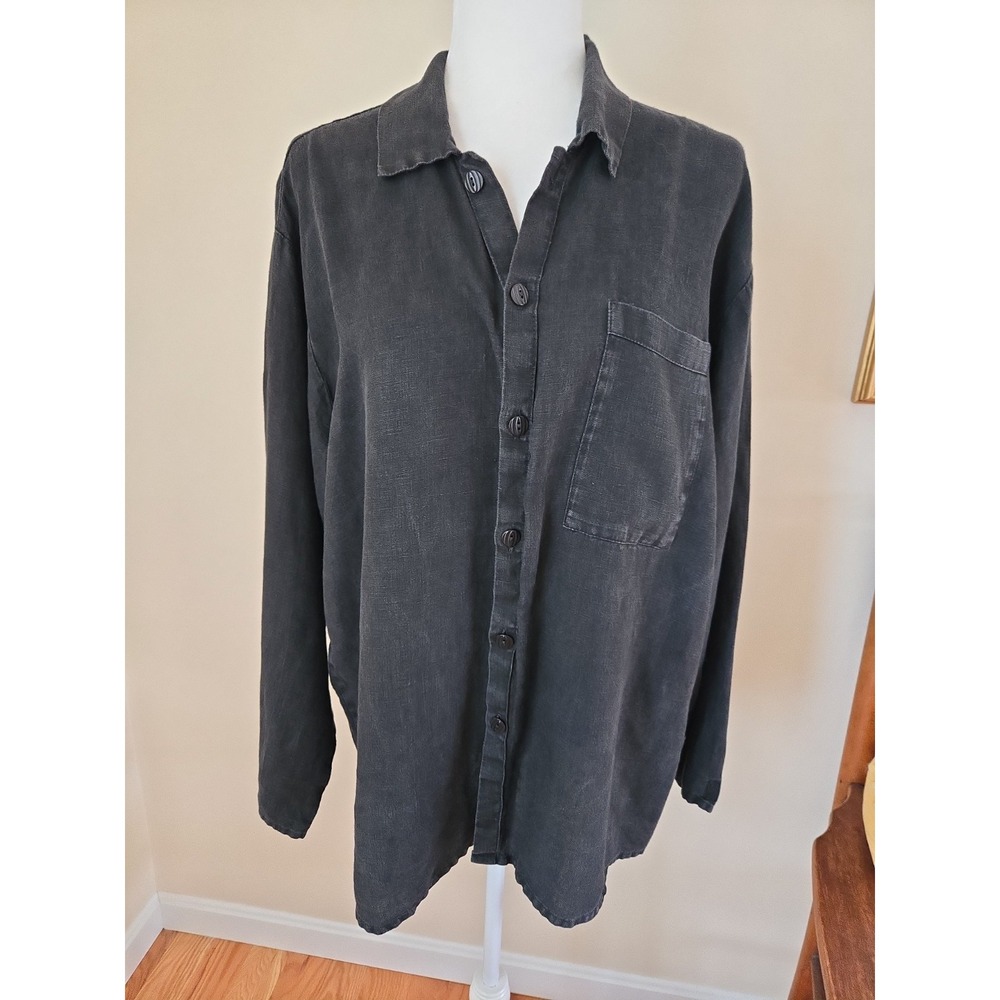 VTG Flax by Jeanne Engelhart Ladies Tunic Blouse Button Front Linen Black Small